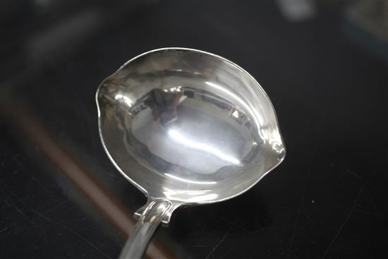 A Victorian silver fiddle and thread pattern double lipped soup ladle, by George Adams, 9.5 oz.